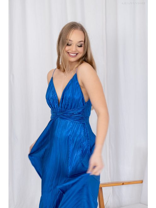 Zelma – spagetti pántos, mély dekoltázsú fényes, pliszírozott maxi ruha kék színben