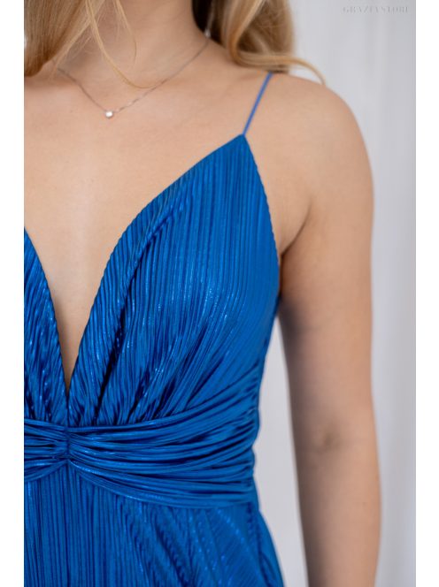 Zelma – spagetti pántos, mély dekoltázsú fényes, pliszírozott maxi ruha kék színben