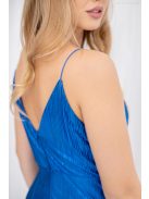 Zelma – spagetti pántos, mély dekoltázsú fényes, pliszírozott maxi ruha kék színben