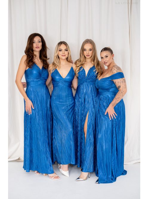 Zelma – spagetti pántos, mély dekoltázsú fényes, pliszírozott maxi ruha kék színben