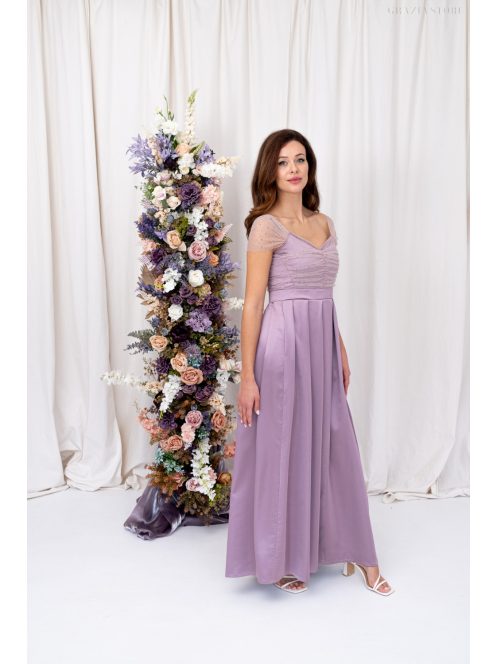 Inez – ráncolt felsőrészű, romantikus mályva színű szatén maxi ruha csillogós tüllel