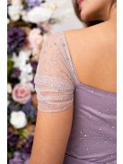 Inez – ráncolt felsőrészű, romantikus mályva színű szatén maxi ruha csillogós tüllel