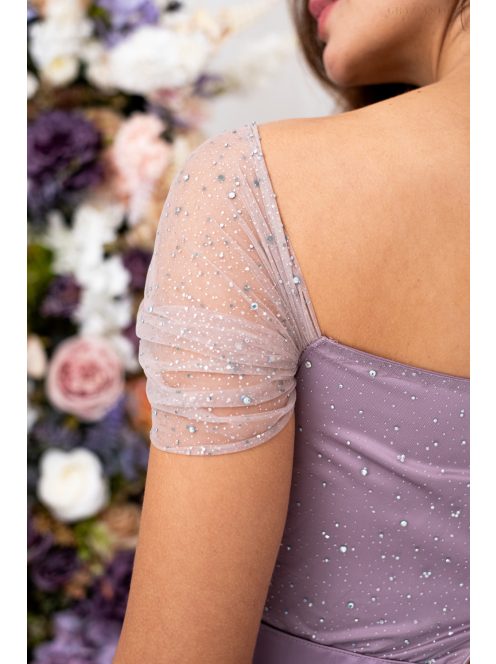 Inez – ráncolt felsőrészű, romantikus mályva színű szatén maxi ruha csillogós tüllel