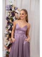 Zenina – V-kivágású szatén maxi ruha spagetti pántokkal mályva színben 