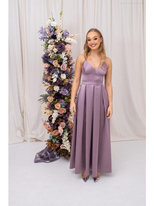 Zenina – V-kivágású szatén maxi ruha spagetti pántokkal mályva színben 