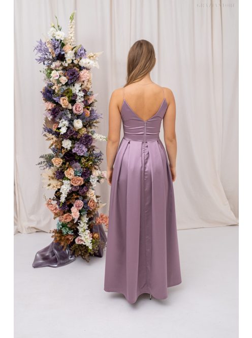 Zenina – V-kivágású szatén maxi ruha spagetti pántokkal mályva színben 