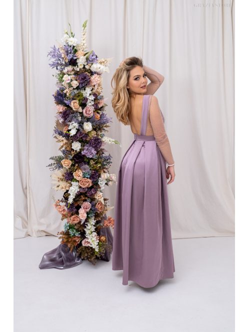 Gyöngy – mályva színű szatén maxi ruha csillogós felsőrésszel V alakú hátkivágással