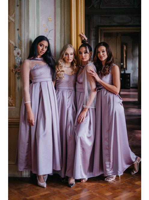 Gyöngy – mályva színű szatén maxi ruha csillogós felsőrésszel V alakú hátkivágással