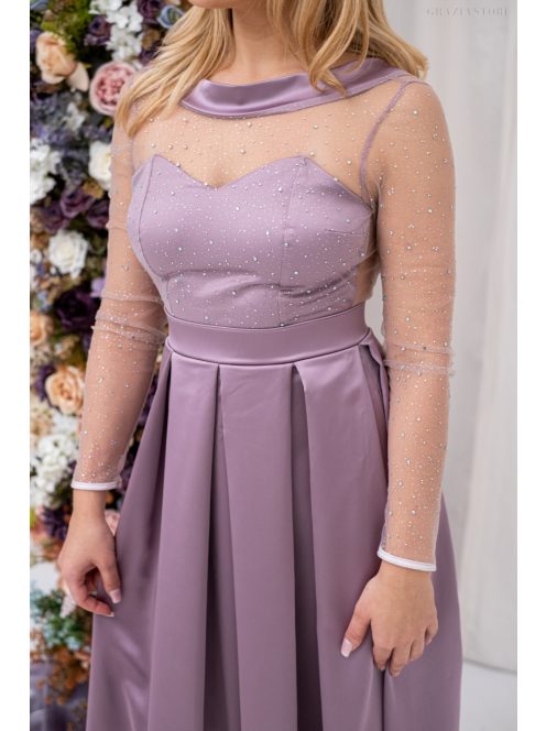Gyöngy – mályva színű szatén maxi ruha csillogós felsőrésszel V alakú hátkivágással