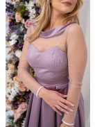 Gyöngy – mályva színű szatén maxi ruha csillogós felsőrésszel V alakú hátkivágással