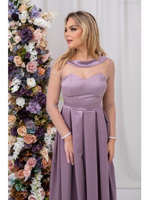 Gyöngy – mályva színű szatén maxi ruha csillogós felsőrésszel V alakú hátkivágással