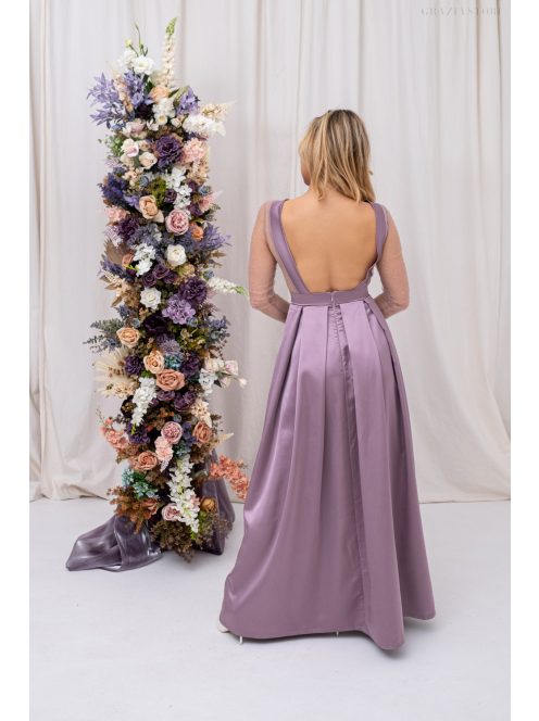 Gyöngy – mályva színű szatén maxi ruha csillogós felsőrésszel V alakú hátkivágással
