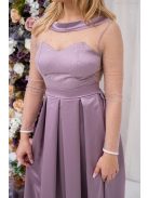Gyöngy – mályva színű szatén maxi ruha csillogós felsőrésszel V alakú hátkivágással