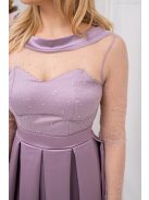 Gyöngy – mályva színű szatén maxi ruha csillogós felsőrésszel V alakú hátkivágással