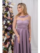 Gyöngy – mályva színű szatén maxi ruha csillogós felsőrésszel V alakú hátkivágással
