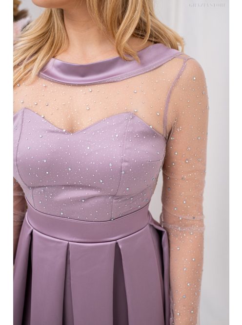 Gyöngy – mályva színű szatén maxi ruha csillogós felsőrésszel V alakú hátkivágással