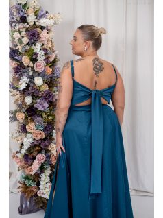   Dália – petrolkék színű maxi furfangos hátrésszel szatén anyagból