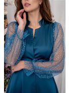 Írisz - Különleges dekoltázsú maxi hosszú, strasszos tüll ujjakkal petrolkék színben, szatén anyagból