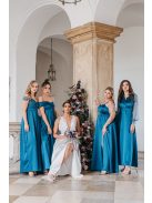 Írisz - Különleges dekoltázsú maxi hosszú, strasszos tüll ujjakkal petrolkék színben, szatén anyagból