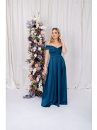 Audrey - szív kivágású maxi ruha petrolkék színben szatén anyagból