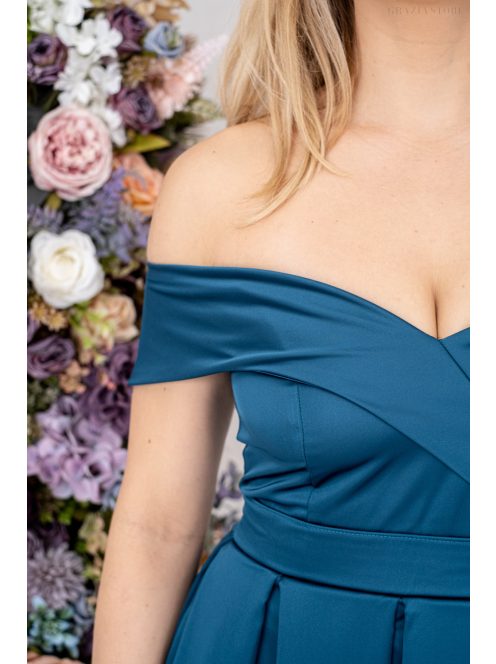 Audrey - szív kivágású maxi ruha petrolkék színben szatén anyagból