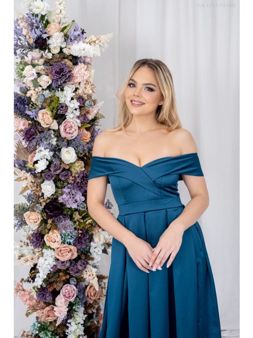 Audrey - szív kivágású maxi ruha petrolkék színben szatén anyagból