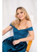 Inez – ráncolt felsőrészű, romantikus petrolkék színű szatén maxi ruha csillogós tüllel