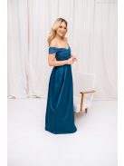 Inez – ráncolt felsőrészű, romantikus petrolkék színű szatén maxi ruha csillogós tüllel