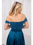 Inez – ráncolt felsőrészű, romantikus petrolkék színű szatén maxi ruha csillogós tüllel