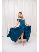 Inez – ráncolt felsőrészű, romantikus petrolkék színű szatén maxi ruha csillogós tüllel