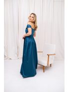 Inez – ráncolt felsőrészű, romantikus petrolkék színű szatén maxi ruha csillogós tüllel