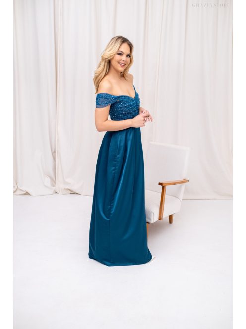 Inez – ráncolt felsőrészű, romantikus petrolkék színű szatén maxi ruha csillogós tüllel