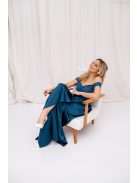 Inez – ráncolt felsőrészű, romantikus petrolkék színű szatén maxi ruha csillogós tüllel