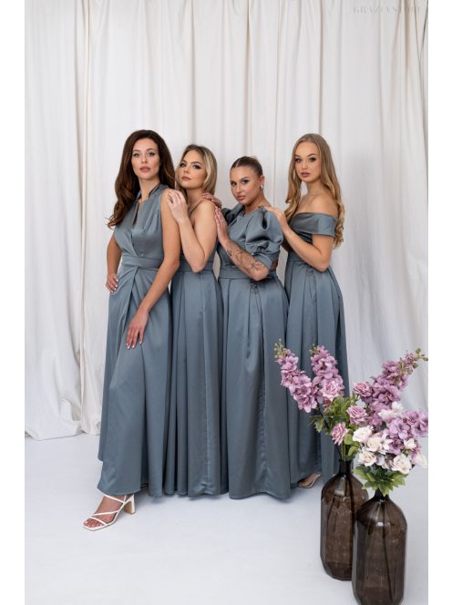 Andrea – zöldesszürke szatén maxi ruha puffos ujjakkal.