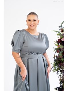   Andrea – zöldesszürke szatén maxi ruha puffos ujjakkal és különleges hátkivágással 