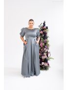 Andrea – zöldesszürke szatén maxi ruha puffos ujjakkal és különleges hátkivágással 