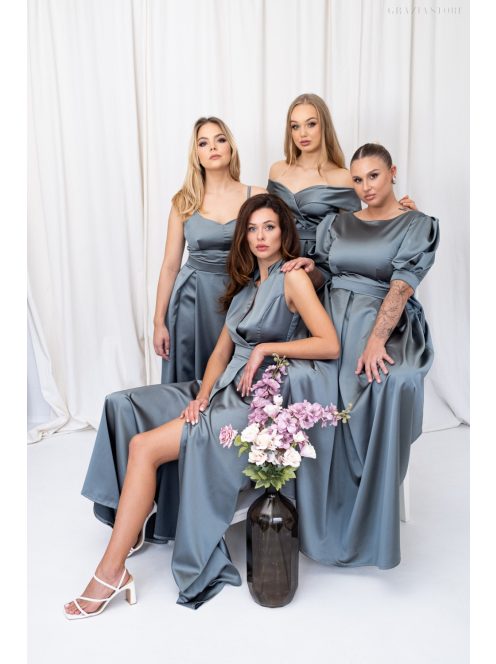 Andrea – zöldesszürke szatén maxi ruha puffos ujjakkal és különleges hátkivágással 