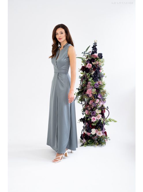 Írisz - Különleges dekoltázsú, ujjatlan maxi ruha zöldeszürke színben, szatén anyagból