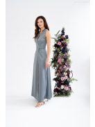 Írisz - Különleges dekoltázsú, ujjatlan maxi ruha zöldeszürke színben, szatén anyagból