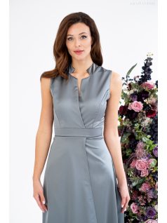   Írisz - Különleges dekoltázsú, ujjatlan maxi ruha zöldeszürke színben, szatén anyagból