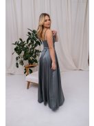 Chloe – Vékony pántos, szív kivágású maxi ruha zöldesszürke színben szatén anyagból