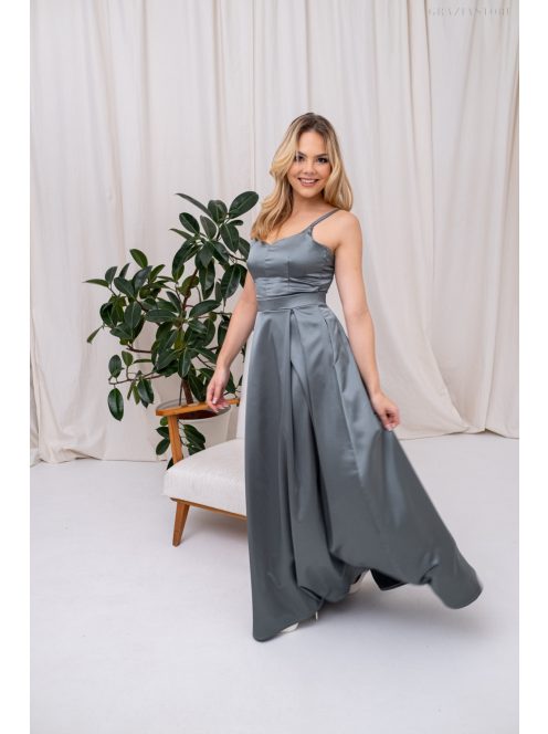 Chloe – Vékony pántos, szív kivágású maxi ruha zöldesszürke színben szatén anyagból