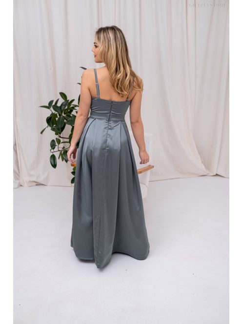 Chloe – Vékony pántos, szív kivágású maxi ruha zöldesszürke színben szatén anyagból