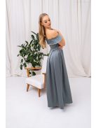 Audrey - szív kivágású maxi ruha zöldesszürke színben szatén anyagból