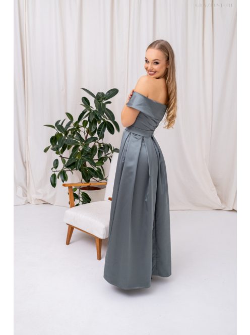 Audrey - szív kivágású szatén maxi ruha zöldesszürke színben.
