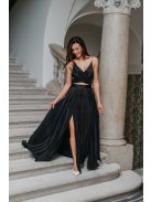 Yvonne - maxi ruha keresztezett felsővel fekete színben pliszírozott anyagból