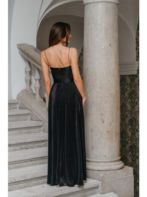 Yvonne - maxi ruha keresztezett felsővel fekete színben pliszírozott anyagból