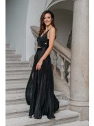 Yvonne - pliszírozott, fekete maxi ruha keresztezett felsővel.
