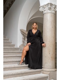   Daisy – átlapolt, hosszú ujjú pliszírozott maxi ruha fekete színben