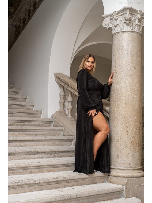 Daisy – átlapolt, hosszú ujjú pliszírozott maxi ruha fekete színben